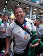 4 August 2015; Team Ireland’s Laurence Keegan, a Gold Medal winner with the 11-a-side football team and a member of Sporting Fingal Special Olympics, from Cabra, Dublin, during the homecoming. Team Ireland returns from the Special Olympics World Summer Games. Terminal 2, Dublin Airport. Picture credit: Ray McManus / SPORTSFILE