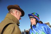 30 November 2008; Jockey Paul Townend speaks with trainer Willy Mullins after winning the Bar One Racing Royal Bond Novice Hurdle on Hurricane Fly. Fairyhouse Winter Festival 2008, Fairyhouse Racecourse, Co. Meath. Picture credit: Brian Lawless / SPORTSFILE
