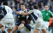 6 December 2008; Rob Kearney, Leinster, is tackled by Kevin Senio and Anthony Lagardere, 10, Castres Olympique. Heineken Cup, Pool 2, Round 3, Leinster v Castres Olympique, RDS, Dublin. Picture credit: Brendan Moran / SPORTSFILE