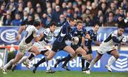 6 December 2008; Leinster out-half Jonathan Sexton, accompanied by team-mates Luke Fitzgerald and Girvan Dempsey, races through the Castres Olympique defence. Heineken Cup, Pool 2, Round 3, Leinster v Castres Olympique, RDS, Dublin. Picture credit: Brendan Moran / SPORTSFILE