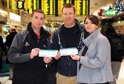 3 December 2008; Brian Sheridan, Sponsorship Manager, Vodafone Ireland, centre, and his wife Susan Brady with Monaghan player and member of the 2007 GAA Football All-Stars team Tommy Freeman, prior to departure for the team's San Francisco 2008 GAA Football All-Stars Tour, sponsored by Vodafone. Dublin Airport, Dublin. Picture credit: Stephen McCarthy / SPORTSFILE