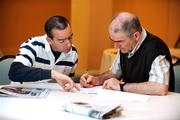 4 December 2008; Tyrone and 2008 GAA Football All-Stars manager Mickey Harte, with former Kerry manager and 2007 GAA Football All-Stars manager Pat O'Shea, left, in conversation. 2008 Vodafone GAA Football All-Stars Tour, Sheraton Hotel, San Francisco, USA. Picture credit: Ray McManus / SPORTSFILE