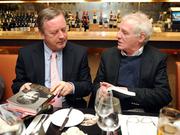 8 December 2008; Derek Henderson, left, of the Press Association, in conversation with broadcaster Eamon Dunphy, at the Judges Dinner to decide the shortlist for this year’s William Hill Irish Sports Book of the Year Award. Ely Restaurant, IFSC, Dublin. Picture credit: Brendan Moran / SPORTSFILE