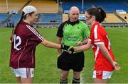 3 August 2015; Referee Gavin Corrigan with team captains, Galway's Shauna Hynes and Cork's Eimear Scally. TG4 Ladies Football All-Ireland Minor A Championship Final, Cork v Galway. Semple Stadium, Thurles, Co. Tipperary. Picture credit: Ramsey Cardy / SPORTSFILE