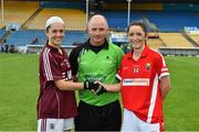 3 August 2015; Referee Gavin Corrigan with team captains, Galway's Shauna Hynes and Cork's Eimear Scally. TG4 Ladies Football All-Ireland Minor A Championship Final, Cork v Galway. Semple Stadium, Thurles, Co. Tipperary. Picture credit: Ramsey Cardy / SPORTSFILE