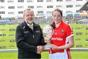 3 August 2015; Cork's Aine O'Sullivan is presented with the player of the match award by Finbarr O'Driscoll, Leinster President, LGFA. TG4 Ladies Football All-Ireland Senior Championship, Qualifier Round 2, Cork v Meath. Semple Stadium, Thurles, Co. Tipperary. Picture credit: Ramsey Cardy / SPORTSFILE