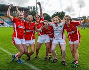 3 August 2015; Cork players, from left, Grainne Collins, Caoilinn Hickey, Jess Tonks, Alannah Hickey, Olivia Cahill and Asling Kelleher celebrate following their side's victory. TG4 Ladies Football All-Ireland Minor A Championship Final, Cork v Galway. Semple Stadium, Thurles, Co. Tipperary. Picture credit: Ramsey Cardy / SPORTSFILE