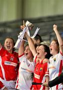 3 August 2015; Cork players lift the cup following their side's victory. TG4 Ladies Football All-Ireland Minor A Championship Final, Cork v Galway. Semple Stadium, Thurles, Co. Tipperary. Picture credit: Ramsey Cardy / SPORTSFILE