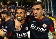7 August 2015; Morgan Langley, left, St. Patrick's Athletic, celebrates after scoring his side's second goal with team-mate Arron Greene. SSE Airtricity League Premier Division, Shamrock Rovers v St. Patrick's Athletic, Tallaght Stadium, Tallaght, Co. Dublin. Picture credit: David Maher / SPORTSFILE