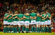 8 August 2015; The Ireland team huddle ahead of the game. Rugby World Cup Warm-Up Match, Wales v Ireland, Millennium Stadium, Cardiff, Wales. Picture credit: Ramsey Cardy / SPORTSFILE