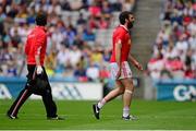 8 August 2015; Joe McMahon, Tyrone, leaves the field after picking up an injury during the first half. GAA Football All-Ireland Senior Championship Quarter-Final, Monaghan v Tyrone. Croke Park, Dublin. Picture credit: Piaras Ó Mídheach / SPORTSFILE