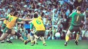 20 September 1992; Vinny Murphy, Dublin, has his shot saved by Donegal goalkeeper Gary Walsh. All Ireland Football Championship Final, Dublin v Donegal, Croke Park, Dublin. Picture credit; Ray McManus / SPORTSFILE