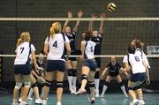 10 December 2008; Niamh O'Sullivan, 3rd from left, and team-mate Marisa Poutch, St Mary's College, put up a screen in an attempt to block a shot by Edel Nolan, 5, Mount St Michael's. All-Ireland Schools Senior A Volleyball Championship Final, Mount St Michael Secondary School, Claremorris, Co. Mayo v St Mary';s College, Naas, Co. Kildare, UCD Sports Arena, Belfield, Dublin. Picture credit: Brendan Moran / SPORTSFILE