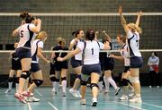 10 December 2008; Mount St Michael's players, from left, Edel Nolan, 5, Aishling Croghan, Aisling Bell, Caileen Meehan, 1, Grainne McNieve and Sinead Croghan celebrate a late point in the final set. All-Ireland Schools Senior A Volleyball Championship Final, Mount St Michael Secondary School, Claremorris, Co. Mayo v St Mary's College, Naas, Co. Kildare, UCD Sports Arena, Belfield, Dublin. Picture credit: Brendan Moran / SPORTSFILE