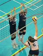 10 December 2008; Chloe Campbell, left, and Marisa Poutch, St Mary's College, put up a screen in an attempt to block a shot from Edel Nolan, Mount St Michael's. All-Ireland Schools Senior A Volleyball Championship Final, Mount St Michael Secondary School, Claremorris, Co. Mayo v St Mary's College, Naas, Co. Kildare, UCD Sports Arena, Belfield, Dublin. Picture credit: Brendan Moran / SPORTSFILE