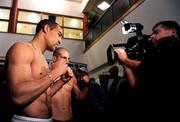 17 December 2008; Darren Sutherland and Georgi Iliev pose for a TV cameraman after the weigh in, ahead of their Super Middle Weight fight on Thursday night. Darren Sutherland v Georgi Iliev Pre - Fight Weigh In, The Helix, DCU, Dublin. Picture credit: Brian Lawless / SPORTSFILE