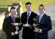 9 December 2008; Ross Forde, left, from Oranmore, Galway, who won the Billy Coleman Award for Young Rally Driver of the Year, Peter Dempsey, from Ashbourne, Meath, centre, who won the Walter Sexton Memorial Trophy for the Dunlop Young Racing Driver of the Year, and Adam Carroll, from Portadown, Armagh, who won the Manley Memorial Trophy for the International Driver of the Year, at the Dunlop Champions of Irish Motorsport Awards Lunch. Crowne Plaza, Santry, Dublin. Picture credit: Brian Lawless / SPORTSFILE