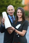 10 December 2008; Antrim's Jane Adams, along with Joe McGrane, Regional account manager, Inbev Ireland, who received the November Tennent’s Ulster GAA Writers' Merit Award.  Glenowen, Belfast, Co. Antrim. Picture credit: Oliver McVeigh / SPORTSFILE