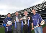 10 December 2008; Student GAA stars Conor Mortimer, DCU / Mayo, and Ray McLoughney, Waterford IT / Tipperary, are pictured pitch side in Croke Park with Christy Cooney, GAA President elect, and Seán Healy, Managing Director Sales Business Banking, Ulster Bank, as the 2009 Higher Education Championship draws took place. University of Ulster Jordanstown and Waterford Institute of Technology will defend their respective Ulster Bank Sigerson and Fitzgibbon Cup crowns in the highly anticipated 2009 Championships. Over 100 teams will be battling it in all divisions for a place at the finals weekend hosted by Cork Institute of Technology, football, and Trinity College Dublin, hurling. Croke Park, Dublin. Picture credit: Brian Lawless / SPORTSFILE