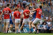8 August 2015; Owen Duffy, Monaghan, is involved in a tussle with Cathal McCarron, centre, and Justin McMahon, right, Tyrone. GAA Football All-Ireland Senior Championship Quarter-Final, Monaghan v Tyrone, Croke Park, Dublin. Picture credit: Sam Barnes / SPORTSFILE