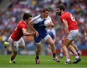 8 August 2015; Dessie Mone, Monaghan, in action against Matthew Donnelly and Joe McMahon, Tyrone. GAA Football All-Ireland Senior Championship Quarter-Final, Monaghan v Tyrone, Croke Park, Dublin. Picture credit: Ray McManus / SPORTSFILE