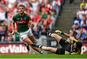 8 August 2015; Aidan O'Shea, Mayo, celebrates after scoring his side's first goal past Donegal goalkeeper Paul Durcan. GAA Football All-Ireland Senior Championship Quarter-Final. Donegal v Mayo, Croke Park, Dublin. Picture credit: Stephen McCarthy / SPORTSFILE