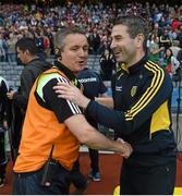 8 August 2015; Mayo joint manager Pat Holmes shakes hands with Donegal manager Rory Gallagher after the game. GAA Football All-Ireland Senior Championship Quarter-Final. Donegal v Mayo, Croke Park, Dublin. Picture credit: Stephen McCarthy / SPORTSFILE