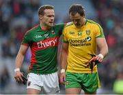 8 August 2015; Michael Murphy, Donegal, is consoled by Mayo's Andy Moran after the game. GAA Football All-Ireland Senior Championship Quarter-Final. Donegal v Mayo, Croke Park, Dublin. Picture credit: Stephen McCarthy / SPORTSFILE