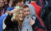 8 August 2015; Mayo supporters Laura Drenen and James Browne, from Castlebar, take a 'selfie' after the game. GAA Football All-Ireland Senior Championship Quarter-Final, Donegal v Mayo, Croke Park, Dublin. Picture credit: Ray McManus / SPORTSFILE