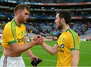 8 August 2015; Mayo's Aidan O'Shea, left, shakes hands with Donegal's Mark McHugh after the game. GAA Football All-Ireland Senior Championship Quarter-Final, Donegal v Mayo, Croke Park, Dublin. Picture credit: Piaras Ó Mídheach / SPORTSFILE