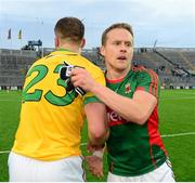 8 August 2015; Mayo's Andy Moran, right, celebrates with Aidan O'Shea after the game. GAA Football All-Ireland Senior Championship Quarter-Final, Donegal v Mayo, Croke Park, Dublin. Picture credit: Piaras Ó Mídheach / SPORTSFILE