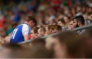 8 August 2015; Darren Hughes, Monaghan, makes his way to the substitutes bench after being shown the red card by referee Marty Duffy. GAA Football All-Ireland Senior Championship Quarter-Final, Monaghan v Tyrone. Croke Park, Dublin. Picture credit: Piaras Ó Mídheach / SPORTSFILE