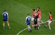 8 August 2015; Darren Hughes, Monaghan, left, receives a red card from referee Marty Duffy. GAA Football All-Ireland Senior Championship Quarter-Final, Monaghan v Tyrone, Croke Park, Dublin. Picture credit: Dáire Brennan / SPORTSFILE