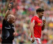 8 August 2015; Tiernan McCann, Tyrone, leaves the field after being shown the black card by referee Marty Duffy. GAA Football All-Ireland Senior Championship Quarter-Final, Monaghan v Tyrone. Croke Park, Dublin. Picture credit: Piaras Ó Mídheach / SPORTSFILE