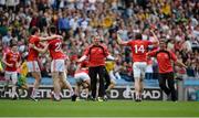8 August 2015;Tyrone players celebrate with backroom staff at the final whistle. GAA Football All-Ireland Senior Championship Quarter-Final, Monaghan v Tyrone, Croke Park, Dublin. Picture credit: Sam Barnes / SPORTSFILE
