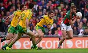 8 August 2015; Aidan O'Shea, Mayo, in action against Donegal's, from left, Neil McGee, Mark McHugh and Paddy McGrath. GAA Football All-Ireland Senior Championship Quarter-Final, Donegal v Mayo, Croke Park, Dublin. Picture credit: Piaras Ó Mídheach / SPORTSFILE