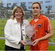8 August 2015; Caroline O'Hanlon, Armagh, receives her player of the match award from Marie Hickey, President, Ladies Gaelic Football Association. TG4 Ladies Football All-Ireland Senior Championship Qualifier, Round 2, Armagh v Westmeath, Kingspan Breffni Park, Cavan. Picture credit: Oliver McVeigh / SPORTSFILE
