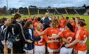 8 August 2015; Armagh manager James Daly speaks to his players after the game. TG4 Ladies Football All-Ireland Senior Championship Qualifier, Round 2, Armagh v Westmeath, Kingspan Breffni Park, Cavan. Picture credit: Oliver McVeigh / SPORTSFILE