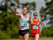 9 August 2015; Kevin Batt, from Dundrum South Dublin A.C, celebrates winning the men's 5000m from second place Conor Bradley from City of Derry A.C. GloHealth Senior Track and Field Championships. Morton Stadium, Santry, Co. Dublin. Picture credit: Matt Browne / SPORTSFILE