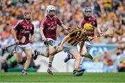 9 August 2015; Richie Leahy, Kilkenny, in action against Jack Grealish, left, Jack Coyne, and Shane Bannon, right, Galway. Electric Ireland GAA Hurling All-Ireland Minor Championship, Semi-Final, Kilkenny v Galway. Croke Park, Dublin. Picture credit: Brendan Moran / SPORTSFILE
