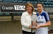 8 August 2015; Caitriona McConnell, Monaghan, receives her Player of the match award from Marie Hickey, President, Ladies Gaelic Football Association. TG4 Ladies Football All-Ireland Senior Championship Qualifier, Round 2, Cavan v Monaghan. Kingspan Breffni Park, Cavan. Picture credit: Oliver McVeigh / SPORTSFILE