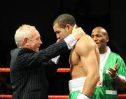 18 December 2008; Boxing Promoter Frank Maloney  left with Darren Sutherland after victory over Georgi Iliev in their super middleweight bout. Frank Maloney promotions, Darren Sutherland v Georgi Iliev. The Helix, DCU, Dublin. Picture credit: Ray Lohan / SPORTSFILE *** Local Caption ***