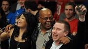18 December 2008; Darren Sutherland's sister Shaneika, left, father Tony and family friend Dave Murphy celebrate victory over Georgi Iliev after the super middleweight bout. Frank Maloney promotions, Darren Sutherland v Georgi Iliev. The Helix, DCU, Dublin. Picture credit: Ray Lohan / SPORTSFILE *** Local Caption ***