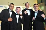 21 December 2008; Olympic boxers, left to right, Darren Sutherland, Paddy Barnes, Kenny Egan and head coach Billy Walsh during a photocall before the RTE Sports Awards. RTE Sports Awards 2008 in association with the Irish Sports Council, O'Reilly Hall, UCD, Dublin. Picture credit: David Maher / SPORTSFILE