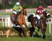 26 December 2008; Lethal Weapon, with Alan Crowe up, clears the last on their way to winning the Durkan New Homes Juvenile Hurdle ahead of Tharawaat, with Davy Russell up, right. Leopardstown Christmas Festival, Leopardstown Racecourse, Dublin. Picture credit: Pat Murphy / SPORTSFILE