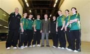 21 December 2008; President of the Irish Handball Council Tony Hannon, centre, with Irish Junior Handball members, from left, Manager Richard Willoughby, Wicklow, Killian Carroll, Cork, Diarmuid Nash, Clare, Gary McConnell, Meath, Assistant Manager Deirdre Mansfield, Wicklow, Aisling Reilly, Antrim, Lorraine Havern, Down and Catriona Casey, Cork, who will travel to Vancouver, Washington on Monday the 22nd of December to take part in the USHA Junior Nationals. National Handball Centre, Croke Park, Dublin. Photo by Sportsfile