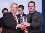 19 December 2008; Gerard Clerkin, Erne Eagles, Cavan, is presented with his National GAA Rounders All Star award  by GAA President Nickey Brennan at the 2008 Christy Ring / Nicky Rackard Champion 15 & Rounders All Star Awards. Croke Park, Dublin. Photo by Sportsfile