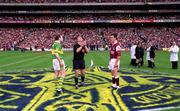24 September 2000; Referee Pat McEneaney with captains Seamus Moynihan of Kerry and Padraic Joyce of Galway prior to the All-Ireland Senior Football Championship Final match between Kerry and Galway at Croke Park in Dublin. Photo by Ray McManus/Sportsfile