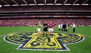 24 September 2000; Referee Pat McEneaney with captains Seamus Moynihan of Kerry and Padraic Joyce of Galway prior to the All-Ireland Senior Football Championship Final match between Kerry and Galway at Croke Park in Dublin. Photo by Ray McManus/Sportsfile