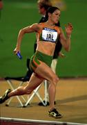 29 September 2000; Emily Maher of Ireland competing in the women's 4x400m heats during day 15 of the 2000 Sydney Olympics in Sydney, Australia. Photo by Brendan Moran/Sportsfile